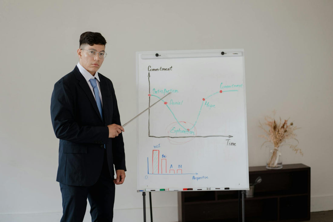 Young professional presenting commitment and progress chart in a business setting.