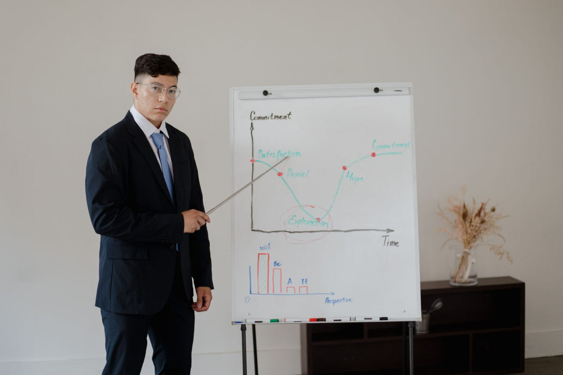 Young professional presenting commitment and progress chart in a business setting.